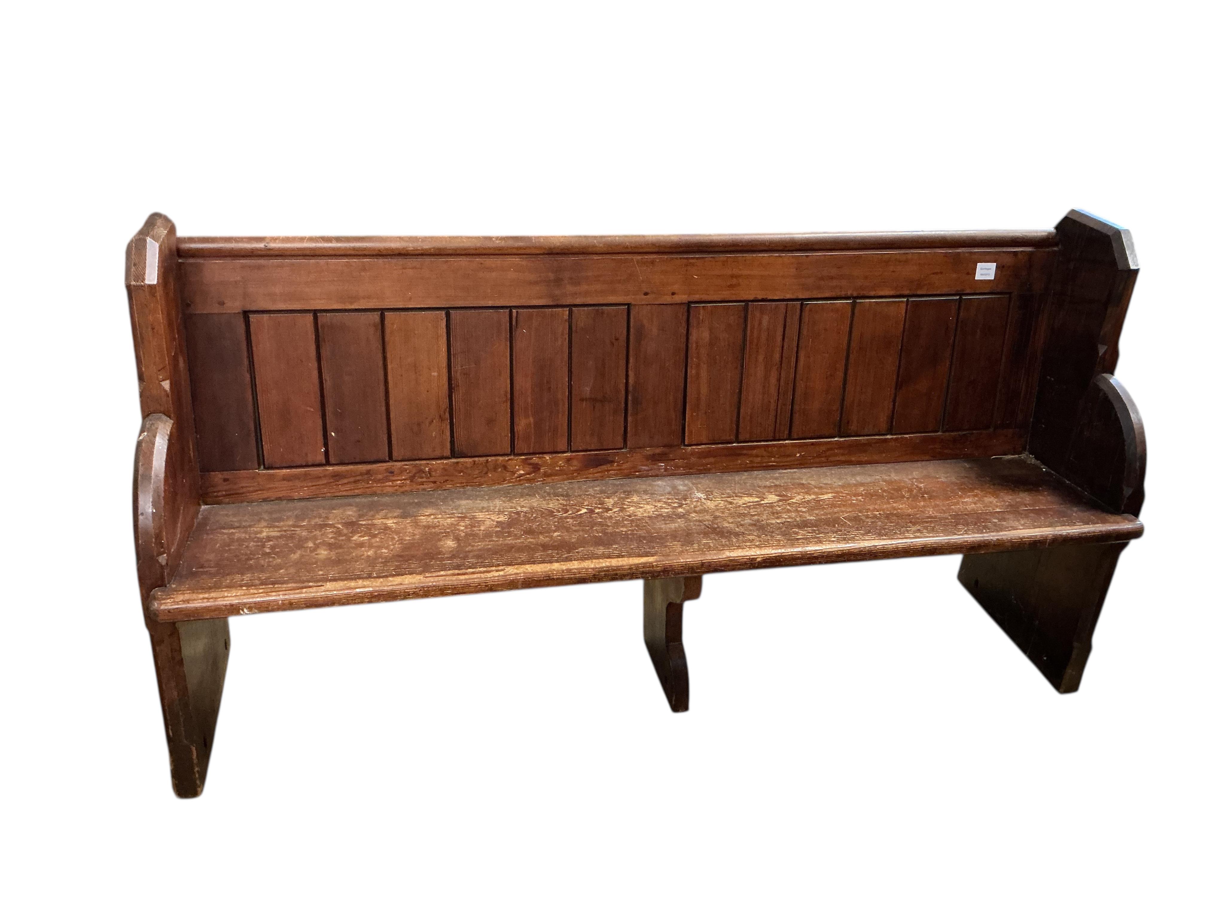A Victorian pitch pine pew, width 174cm, depth 46cm, height 91cm